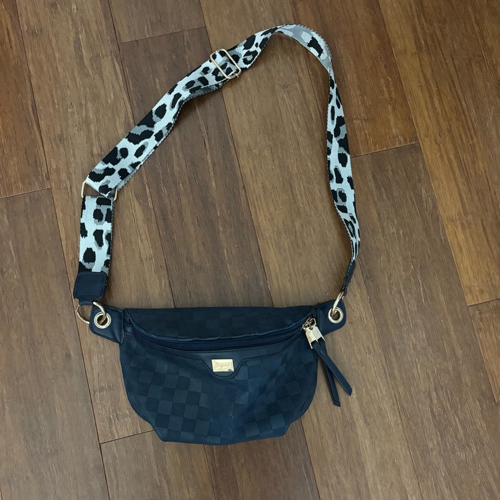 Navy checked belt sling bqg with animal print strap